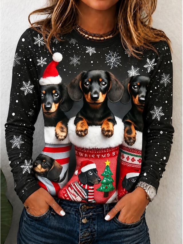 Christmas Women's T Shirt Print Graphic Santa Claus Vintage Fashion Stylish Long Sleeve Crew Neck Regular Tops Casual Daily Weekend Khaki Black Red Beige Spring Fall Winter - Black