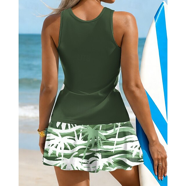 Women's Floral Print Swimsuit Tankini 2 Pieces Printed Elastic Sleeveless Swimwear Surfing Snorkeling Swimming Summer - Green
