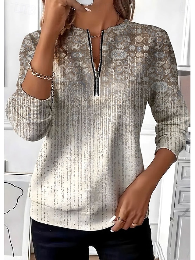 Women's Pullover Sweatshirt Zip Up Sweatshirts Zipper Print Graphic Paisley Fashion Casual Long Sleeve Crew Neck Round Neck Regular Tops Street Dailywear Blue Green Beige Fall Winter - Beige