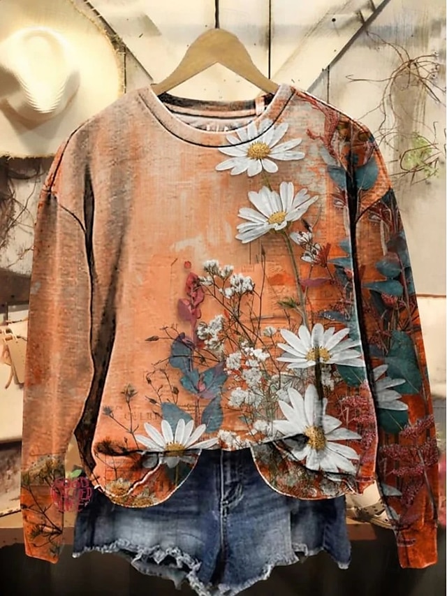 Women's Pullover Sweatshirt Print Floral Graphic Casual Long Sleeve Crew Neck Regular Tops Casual Street Dailywear Blue Black Pink Orange Gray Spring Fall Winter - Orange