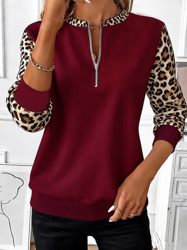 Women's Zip Up Sweatshirts Zipper Print Graphic Leopard Fashion Casual Long Sleeve Round Neck Half Zip Regular Tops Casual Street Dailywear White Black Red Spring Fall - Red