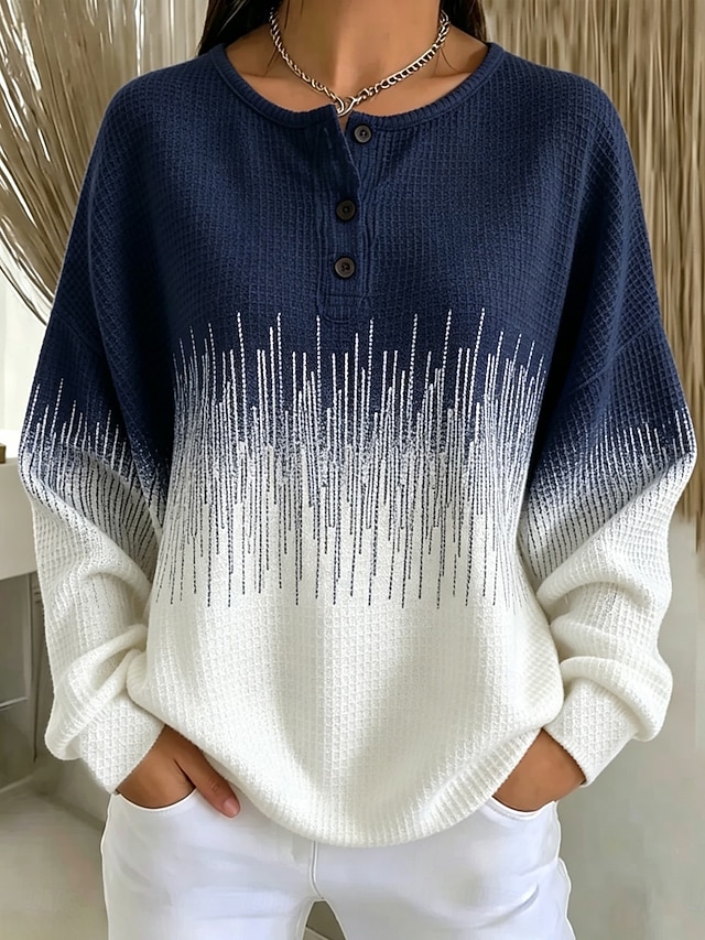 Women's Waffle Knit Tops Buttons Graphic Abstract Fashion Casual Print Long Sleeve Crew Neck Regular Tops Casual Blue Yellow Pink Navy Blue Light Brown Spring Fall - Navy Blue