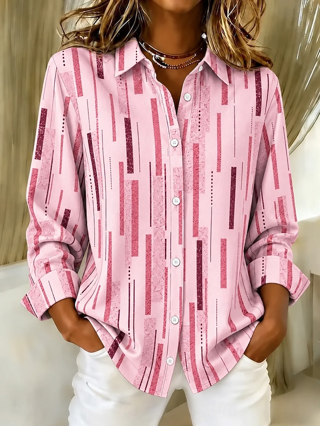 Women's Blouse Buttons Print Graphic Geometric Stylish Classic Modern Long Sleeve Shirt Collar Regular Tops Casual Daily Holiday White Pink Green Spring Fall - Pink