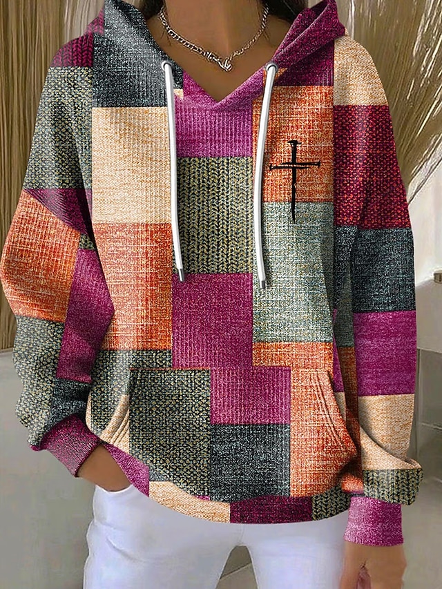 Women's Pullover Hoodie Sweatshirt Print Front Pocket Graphic Geometric Warm Vintage Casual Long Sleeve Hooded Regular Tops Casual Street Dailywear Pink Purple Orange Green Fall Winter - Pink