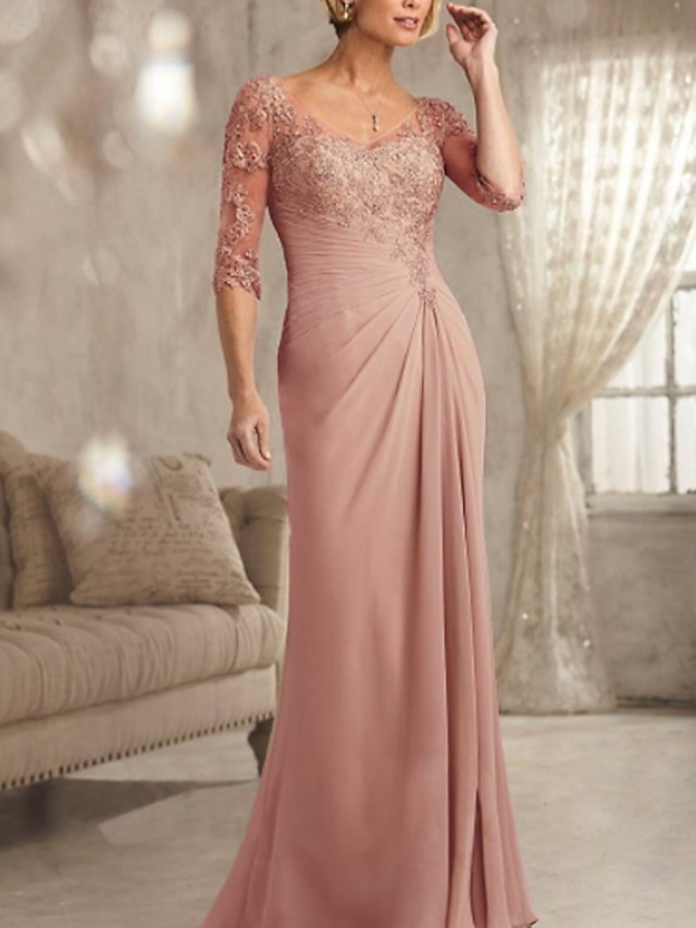Sheath Column Floor Length Wedding Guest Dress Formal Dresses Evening Gown Mother of the Bride Dress Half Sleeve V Neck Plus Size Sexy See Through Wedding Guest Chiffon Lace with Lace - Dusty Rose