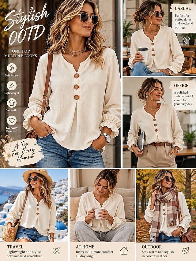 Women's Corduroy Shirt Blouse Ruffle Blouse Solid Color Plain Casual Long Sleeve V Neck Regular Tops Casual claret off white Black Pink Sky Blue Spring Fall - off white