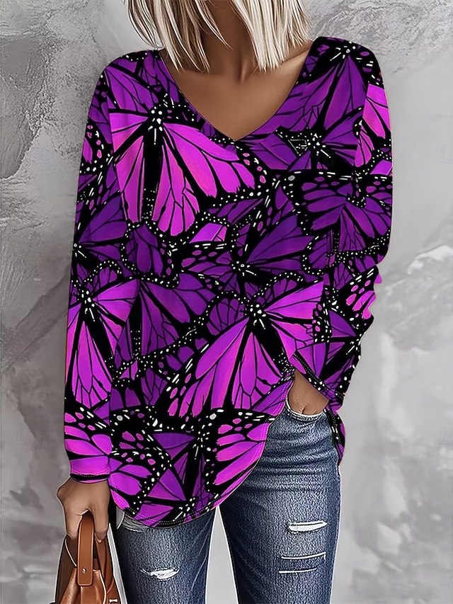 Women's T Shirt Print Graphic Butterfly Vintage Stylish Casual Long Sleeve V Neck Regular Tops Daily Blue Purple Orange Green Spring Fall - Purple