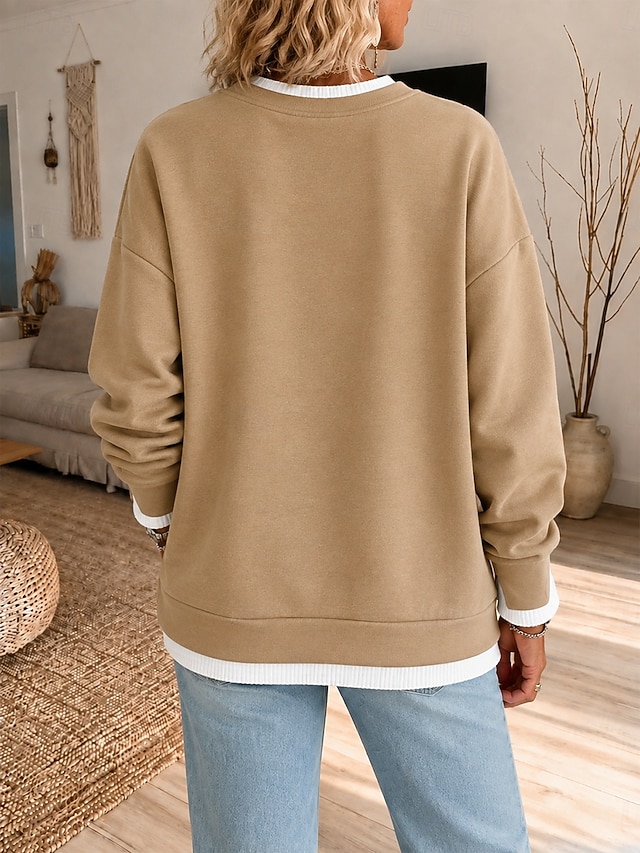 Women's Textured Pullover Sweatshirt Pullover Patchwork Casual Long Sleeve Crew Neck Regular Tops Casual Black Khaki Gray Summer Spring Fall - Khaki