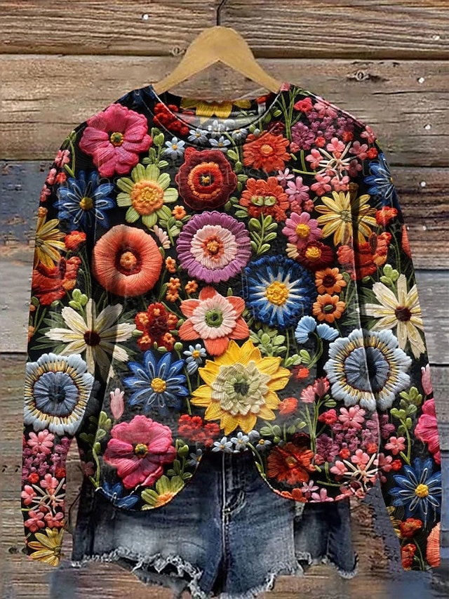 Women's Pullover Sweatshirt Print Floral Graphic Warm Active Vintage Long Sleeve Crew Neck Regular Tops Casual Street Dailywear Blue Black Red Purple Orange Spring Fall Winter - Black