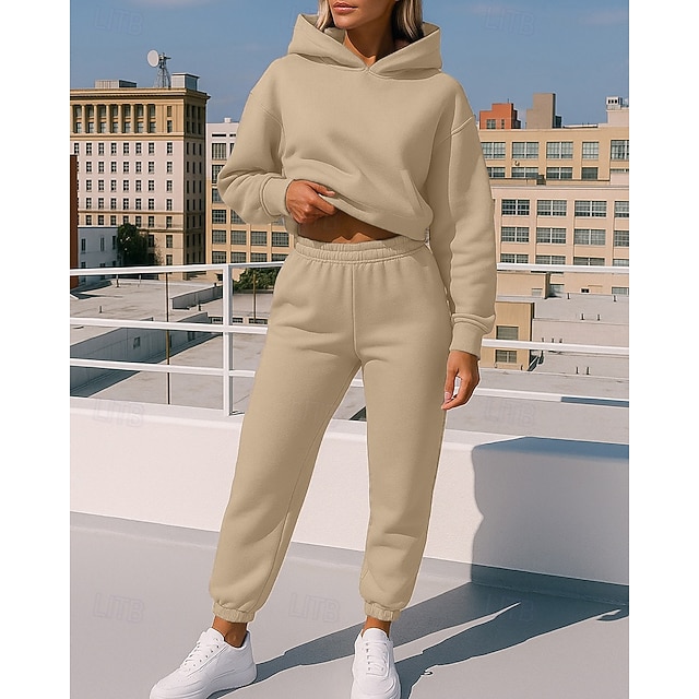 Women's 2 Piece Tracksuit Lounge Hoodie Sweatsuit Sets Solid Colored Clothing Suit Fall Black White Workout Outdoor Travel High Waist Lightweight Fashion Long Sleeve Sport Activewear Micro-elastic - Khaki