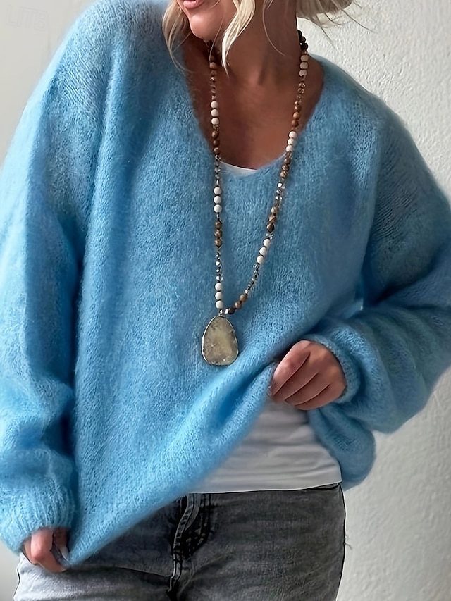 Women's Sweater Pullover Elegant Fashion Cute Solid Color V Neck Knitted Long Sleeve Regular Tops Knit Daily Home Outdoor Blue Pink Fall Winter - Blue