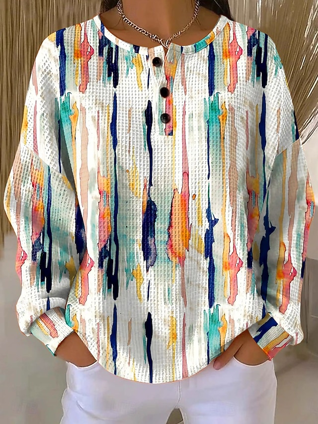 Women's Pullover Sweatshirt Buttons Print Floral Graphic Geometric Vintage Casual Long Sleeve Crew Neck Regular Tops Casual Street Dailywear Blue Light Blue White Orange Spring Fall Winter - White