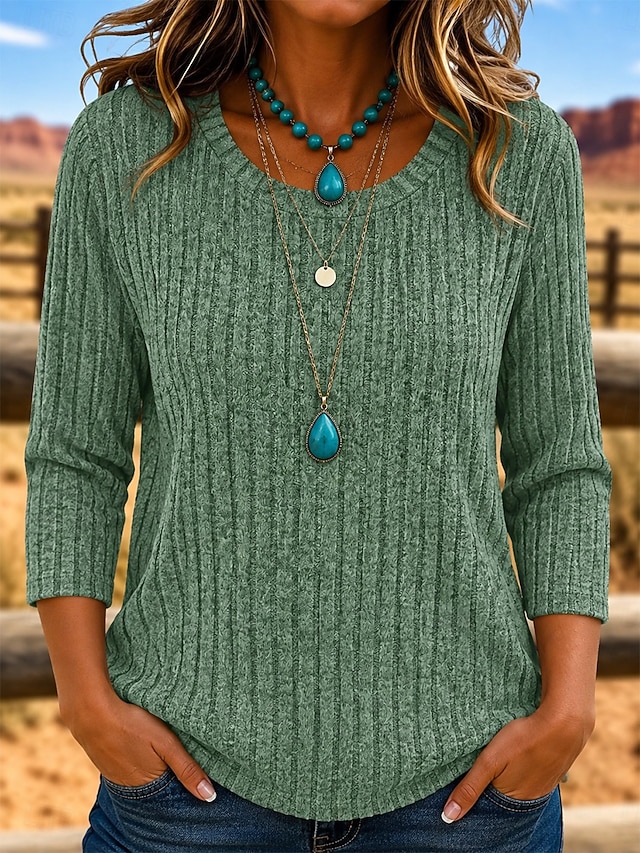 Women's T Shirt Texture Knit Solid Color Vintage Stylish Casual 3/4 Length Sleeve Crew Neck Regular Tops Casual White Sage Green Black Red Gray Summer Spring Fall - Sage Green