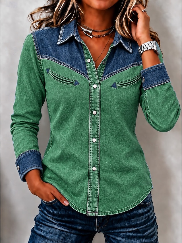 Women's Denim Blouse Denim Shirt Henley Shirt Patchwork Plain Vintage Fashion Stylish Long Sleeve Turndown Long Tops Casual Beach Blue Khaki Red Spring Fall Winter - Khaki