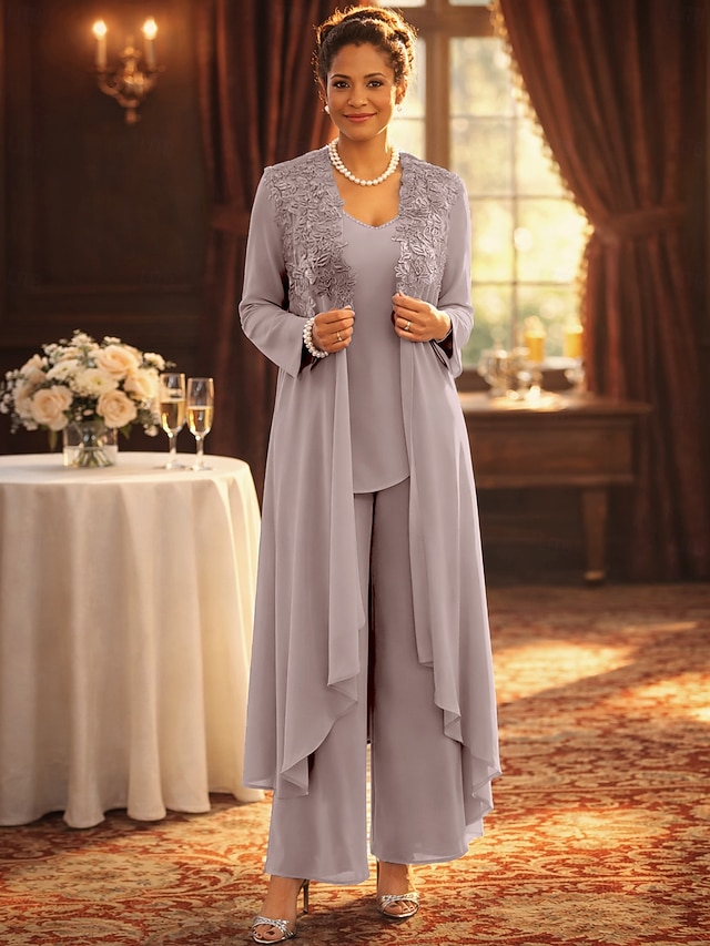 Jumpsuit Pantsuit 3 Piece Floor Length Mother of the Bride Dress Sleeveless V Neck Elegant Party Formal Wedding Guest Lace Linen Cotton Blend Jacket Dresses with Beading Appliques - Dusk