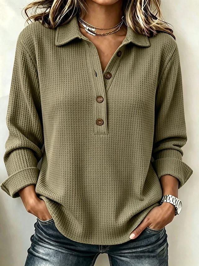 Women's Casual Vintage Waffle Shirt Texture Patchwork Buttons Solid Color Plain Long Sleeve Henry Collar Long Tops White claret sunflower color Black Olive Green Fall Spring, Fall, Winter, Summer - Olive Green