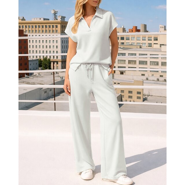 Women's Pullover Sweatsuit Sets 2 Piece Tracksuit Lounge Outfits Drawstring with Pocket Solid Colored Athletic Clothing Set Summer Spring Light Coffee Black Gym Workout Jogging Running Moisture - White