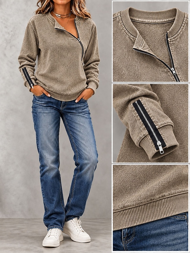 Women's Quarter-zip Sweatshirt Denim Hoodie Denim Shirt Cotton Patchwork Plain Vintage Fashion Stylish Long Sleeve Lapel Regular Tops Casual Beach Blue Khaki Green Spring Fall Winter - Khaki