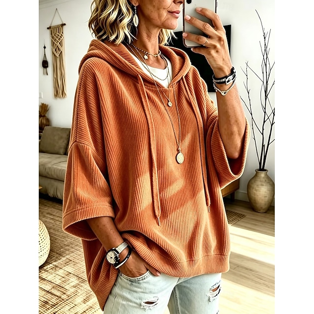 Women's Corduroy Tops Textured Warm Vintage Fashion 3/4 Length Sleeve Hooded Long Tops Casual Home Street Ash Light Purple Green Fall Winter - Ash
