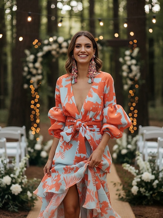 A-Line Floor Length Wedding Guest Dress Formal Dresses Evening Gown Mother of the Bride Dress Long Sleeve V Neck Party Wedding Guest with Print - Orange