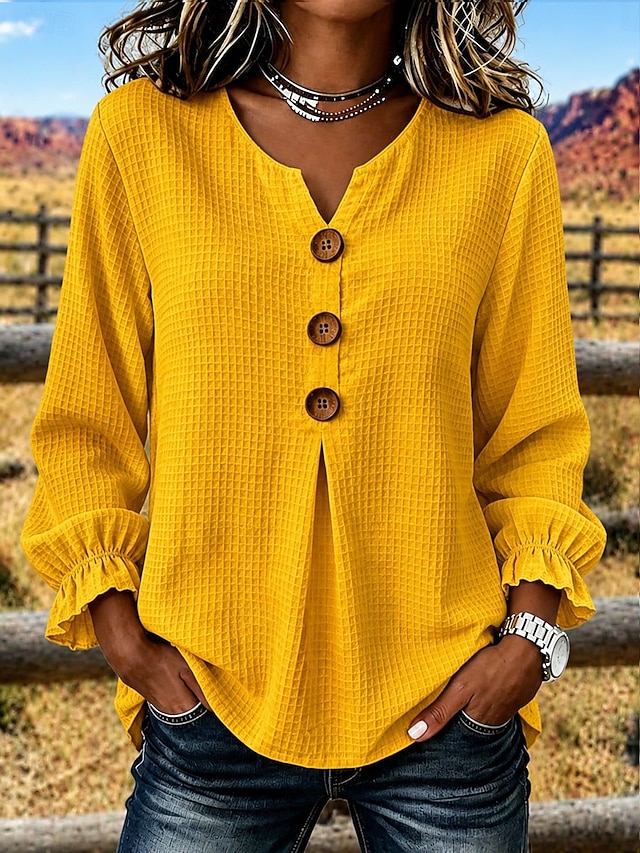 Women's Waffle Blouse Solid Color Vintage Stylish Basic Long Sleeve V Neck Regular Tops Casual Daily Blue Yellow Pink Apricot Summer Spring Fall - Yellow