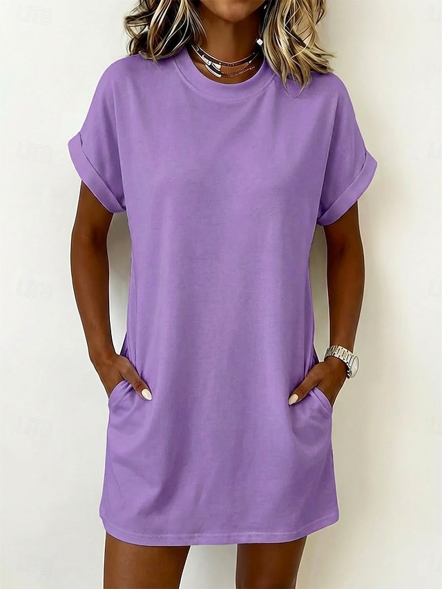 Women's Mini Dress T Shirt Dress Tee Dress Basic Classic Daily Weekend Loose Fit Plain Short Sleeve Crew Neck White Black Pink Army Green Summer Spring - Purple