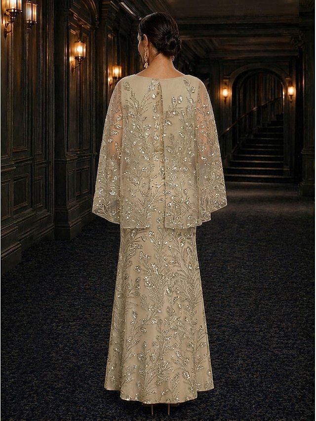 A-Line Dress Floor Length Ankle Length Cocktail Dress Mother of the Bride Dress Long Sleeve Scoop Neck Elegant Luxurious Sparkle & Shine Formal Wedding Guest Semi Formal Lace with Beading Sequin - Champagne