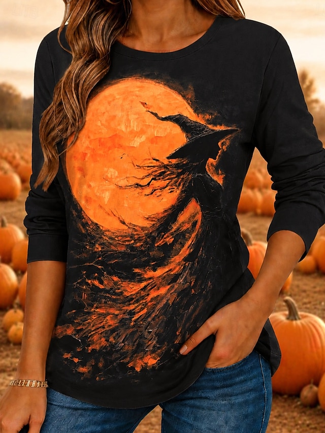 Halloween Women's Flying Witch Orange Full Moon Graphic T Shirt Long Sleeve Crew Neck Vintage Spooky Casual Top Black - Black