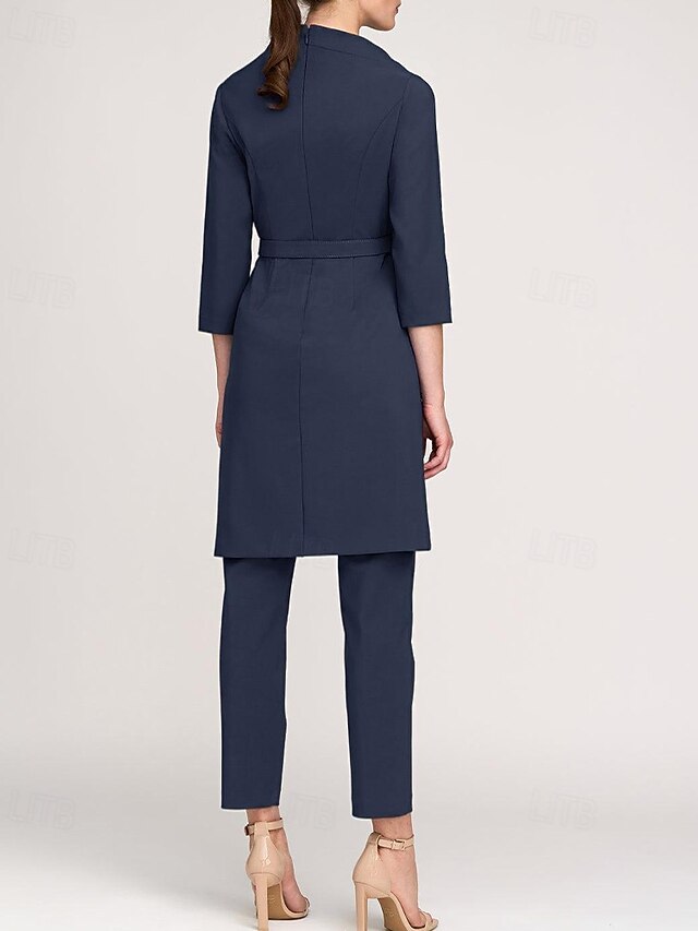Two Piece Ankle Length Mother of the Bride Dress 3/4 Length Sleeve V Neck Simple Minimalist Casual Formal Wedding Guest Crepe with Sash / Ribbon - Dark Navy
