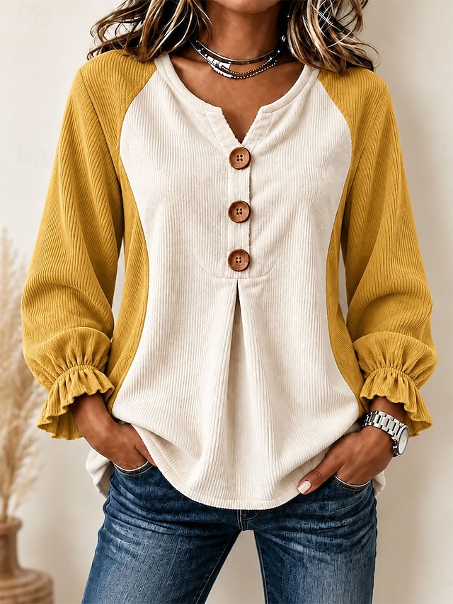 Women's Corduroy Shirt Dressy Tops Frill Blouse Patchwork Vintage Stylish Casual Long Sleeve Ruffle Sleeve V Neck Regular Tops Casual Party Holiday Navy Blue Summer Fall Winter - Navy Blue