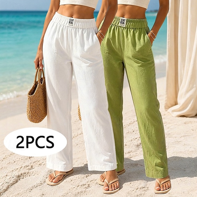 Multi Packs 2pcs Women's Cotton Linen Pants Trousers Casual Pants Summer Pants Vacation Fashion Streetwear Full Length High Waist Plain Pocket Elastic Waist Comfort Breathability Comfortable - White+Green