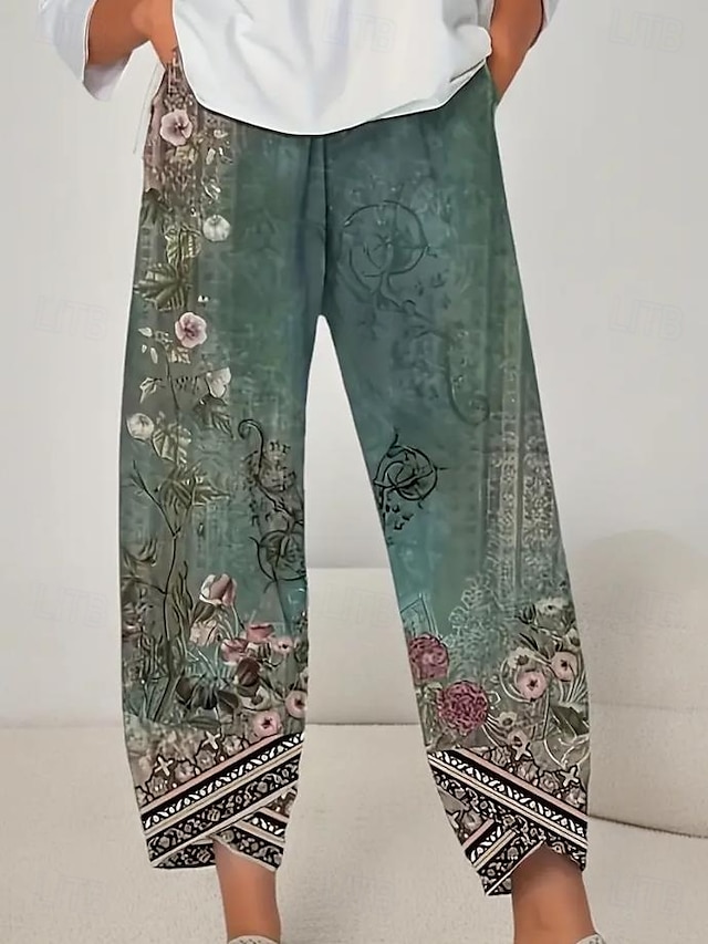 Women's Wide Leg Chinos Baggy Pants Beach Shorts Vacation Vintage Ethnic Style Ankle-Length High Waist Floral Graphic Printing Thermal Warm Soft Breathable Micro-elastic Casual Daily Vacation Ash - Green