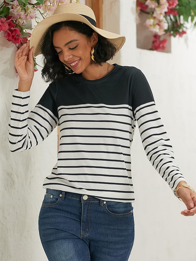 Women's T shirt Long Sleeve Crew Neck Long Sleeve Tunic Striped Basic Round Neck Regular Tops Daily Weekend Print Black White Red Blue Gray Fall & Winter Prefall - Black