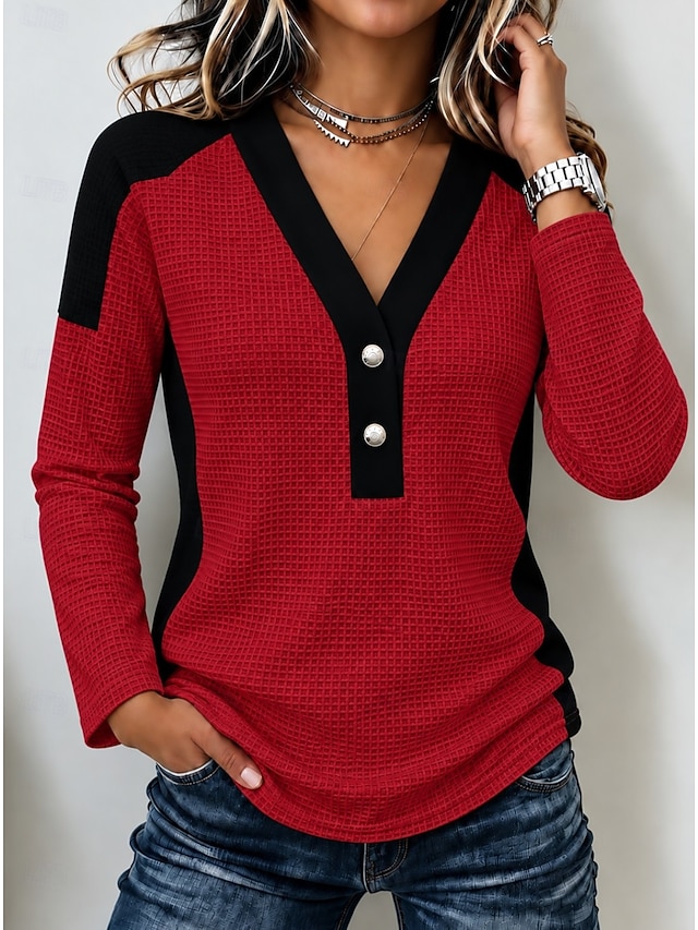 Women's Waffle Polo Shirts Patchwork Solid Color Bohemia Active Vacation Long Sleeve V Neck High Neck Regular Tops Casual Daily Holiday Blue White Red Summer Spring Fall Winter - Red