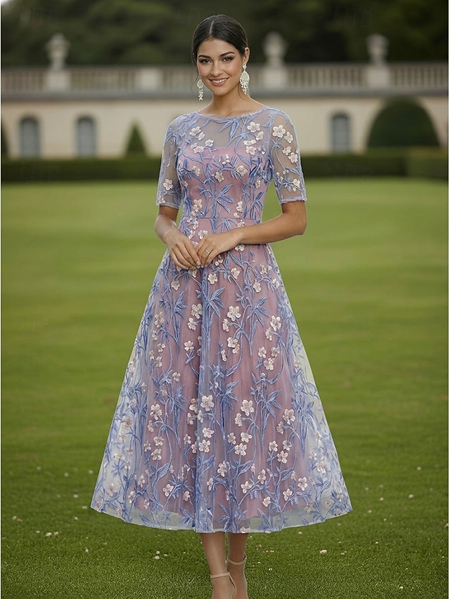 A-Line Dress Tea Length Lace Dress Cocktail Dress Mother of the Bride Dress Short Sleeve Half Sleeve Boat Neck Elegant Vintage Luxurious Wedding Guest Semi Formal Lace with Embroidery Flower - Dusty Rose