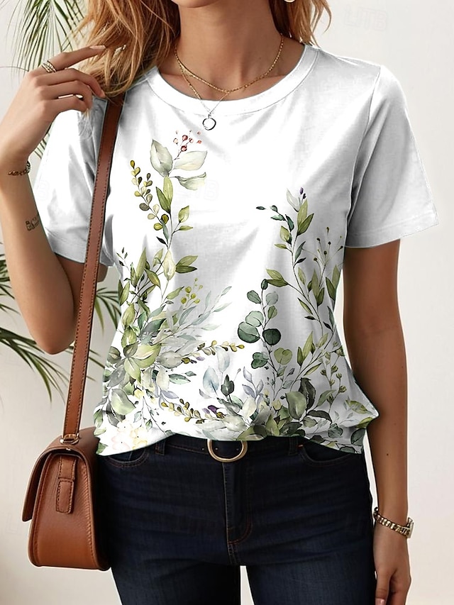 Women's T Shirt Print Floral Casual Short Sleeve Round Neck Regular Tops Daily Blue Black White Light Green Purple Summer - White