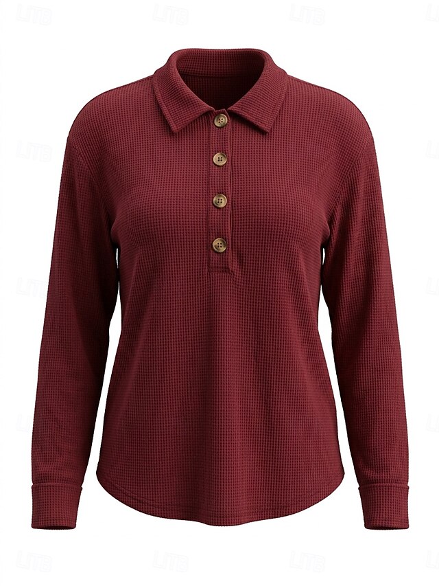 Women's Casual Vintage Waffle Shirt Texture Patchwork Buttons Solid Color Plain Long Sleeve Henry Collar Long Tops White claret sunflower color Black Olive Green Fall Spring, Fall, Winter, Summer - claret