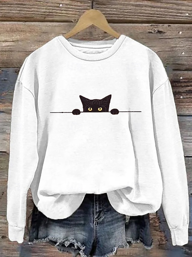 Halloween Women's Pullover Sweatshirt Black Cat Graphic Animal Cat Fashion Casual Long Sleeve Crew Neck Regular Tops Street Dailywear Casual Print White Pink Orange Beige Gray Fall Winter - White
