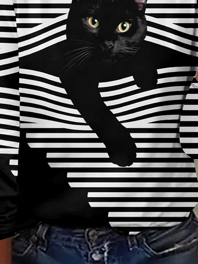 Women's T shirt Crew Neck Long Sleeve Tunic Cat Striped Casual Regular Tops Daily Print Black Green Spring Fall MAO - Black