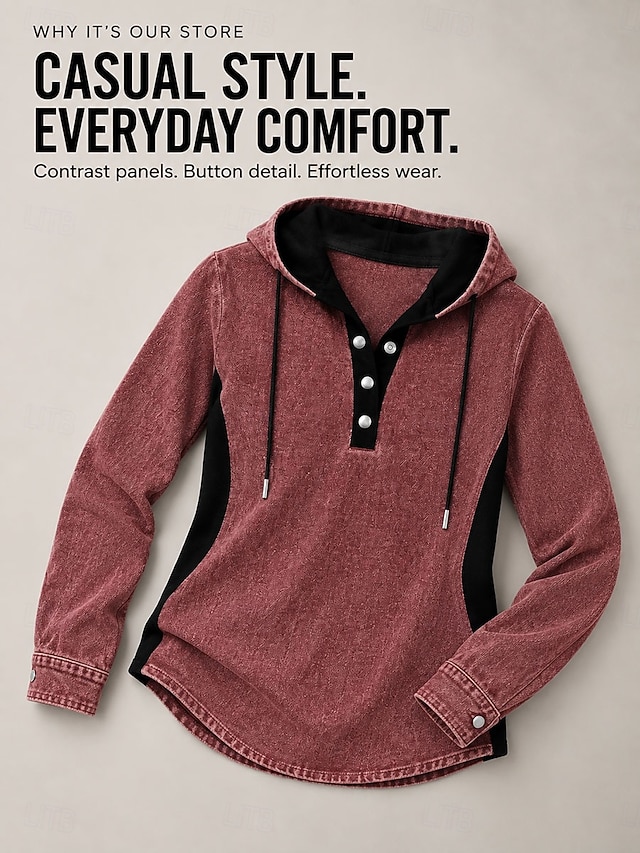 Women's Denim Shirt Henley Shirt Blouse Patchwork Plain Vintage Fashion Stylish Long Sleeve Lapel Regular Tops Casual Beach Blue Red Green Spring Fall Winter - Red