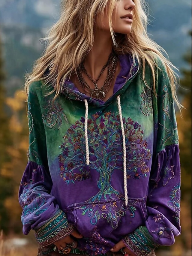 Women's 3D Print Vintage Boho Hoodie Patchwork Hoodie Sweatshirt Floral Viking Pullover Sweatshirt Floral Graphic Vintage Casual Long Sleeve Hooded Street Print Front Pocket Green Spring Fall Winter - Purple