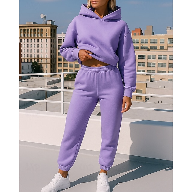 Women's 2 Piece Tracksuit Lounge Hoodie Sweatsuit Sets Solid Colored Clothing Suit Fall Black White Workout Outdoor Travel High Waist Lightweight Fashion Long Sleeve Sport Activewear Micro-elastic - Purple