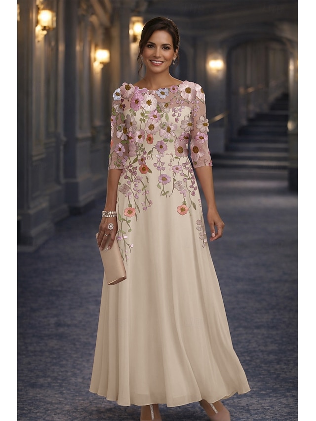 A-Line Floor Length Lace Dress Mother of the Bride Dress Long Sleeve Crew Neck Illusion Neck Elegant Vintage Formal Wedding Guest Wedding Party Chiffon Lace with Floral Print 3D Flowers Embroidery - Champagne