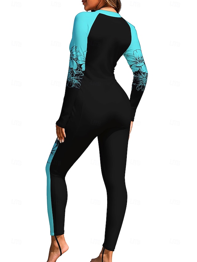 Women's Regular Rash Guard Full Body Rash Guard One Piece Surfing Suit Floral Tropical Color-blocking Zip Up with Built in Bra Front Zip UV Sun Protection Full Coverage UPF50+ Long Sleeve Full Body - Lake blue