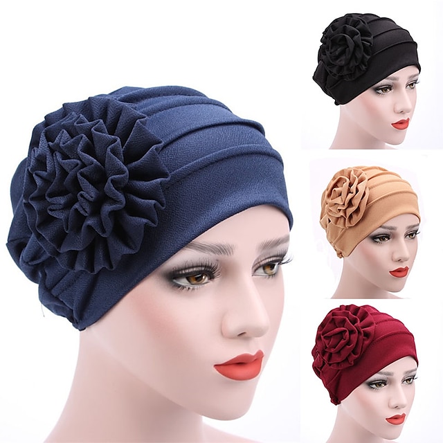 Women's Hats Spring Summer Plain Color Floral Beanie Hat Muslim Stretch Turban Hat Cap Hair Loss Headwear Hijab Cap - Dark Navy