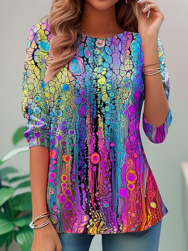 Women's T shirt Long Sleeve Crew Neck Long Sleeve Tunic Casual Print Regular Tops Daily Rainbow Spring Fall Prefall - Blue