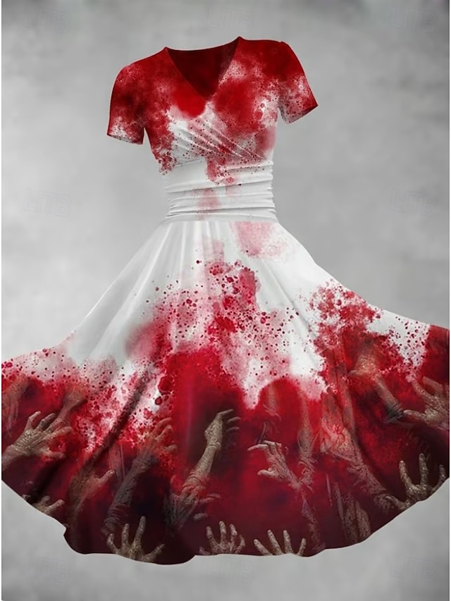 Halloween Women's Bloodstain Print Midi Dress A Line Dress Dress Fit And Flare Dress Party Casual Daily Holiday Regular Fit Graphic Abstract Short Sleeve V Neck Deep Green White Wine Red Fall - Red
