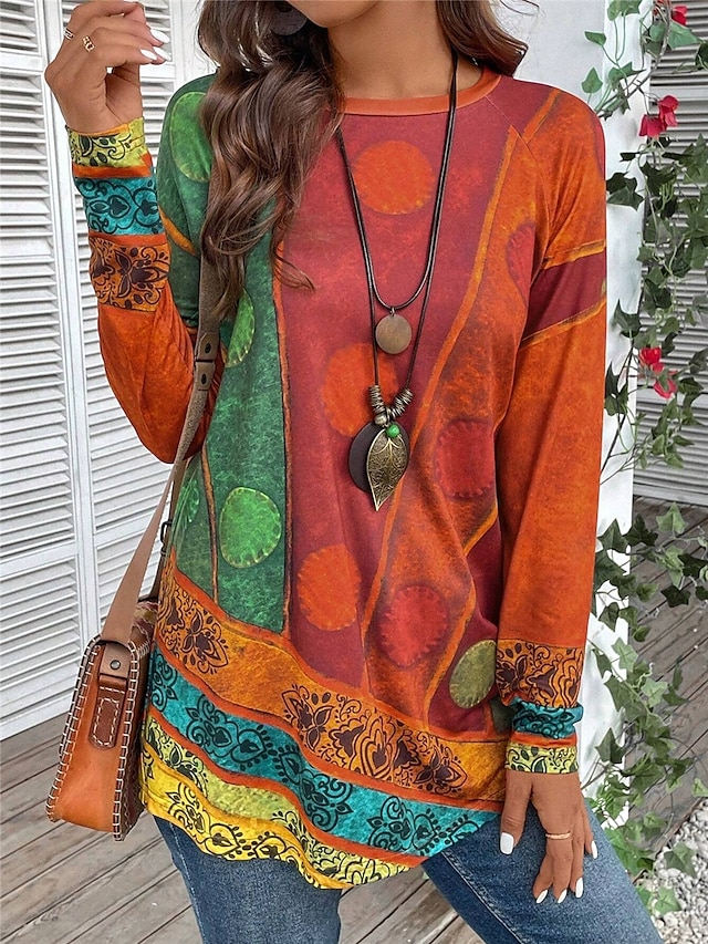 Women's T shirt Long Sleeve Vintage Ethnic Casual Print Long Sleeve Long Tops Crew Neck Daily Red Purple Green Fall Winter Prefall - Red
