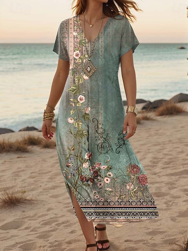 Women's Maxi Dress Casual Dress A Line Dress Stylish Casual Vacation Daily Regular Fit Floral Short Sleeve V Neck White Light Green Blue Green Summer Spring - Light Green