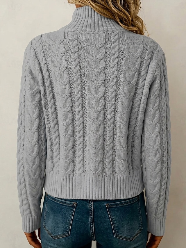 Women's Sweater Cardigan Sweater Streetwear Work Casual Solid Color Cable Stand Collar Zipper Long Sleeve Crop Tops Knit White Black Fall Winter - Gray